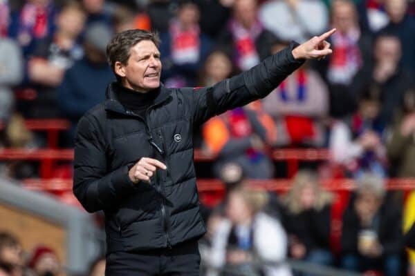 LIVERPOOL, ENGLAND - Sunday, April 14, 2024: Crystal Palace's manager Oliver Glasner during the FA Premier League match between Liverpool FC and Crystal Palace FC at Anfield. Crystal Palace won 1-0. (Photo by David Rawcliffe/Propaganda)