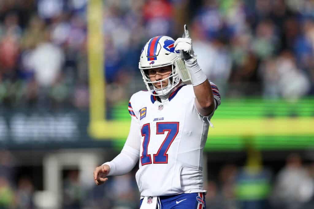 SEATTLE, WASHINGTON - OCTOBER 27: Josh Allen #17 of the Buffalo Bills reacts during the first quarter against the Seattle Seahawks at Lumen Field on October 27, 2024 in Seattle, Washington. 