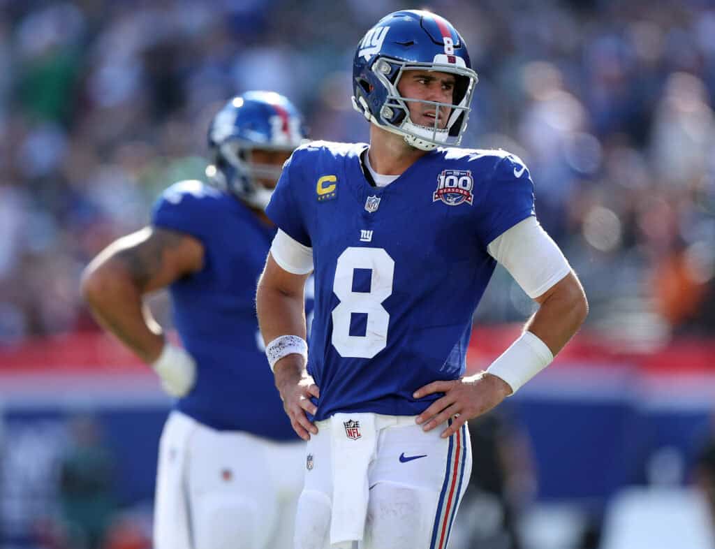 EAST RUTHERFORD, NEW JERSEY - OCTOBER 20: Daniel Jones #8 of the New York Giants reacts after the play against Philadelphia Eagles during the second quarter at MetLife Stadium on October 20, 2024 in East Rutherford, New Jersey.