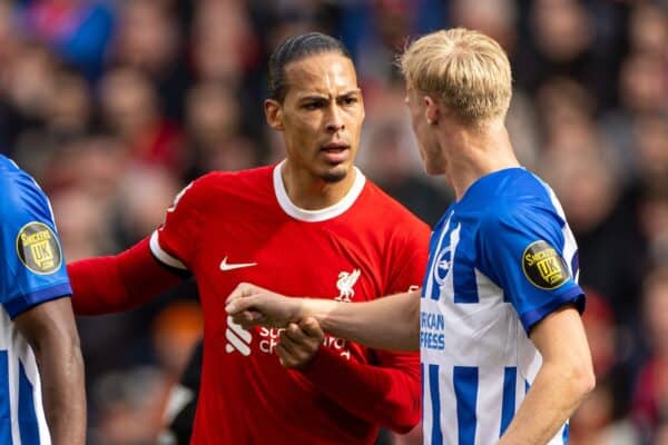 LIVERPOOL, ENGLAND - Sunday, March 31, 2024: Liverpool's captain Virgil van Dijk (L) clashes with Brighton & Hove Albion's Jan Paul van Hecke during the FA Premier League match between Liverpool FC and Brighton & Hove Albion FC at Anfield. Liverpool won 2-1. (Photo by David Rawcliffe/Propaganda)