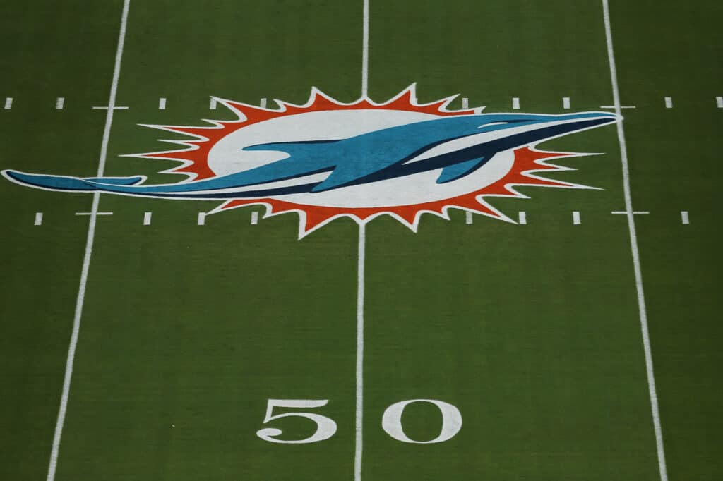 A detail of the Miami Dolphins logo prior to the game against the Buffalo Bills at Hard Rock Stadium on September 20, 2020 in Miami Gardens, Florida.