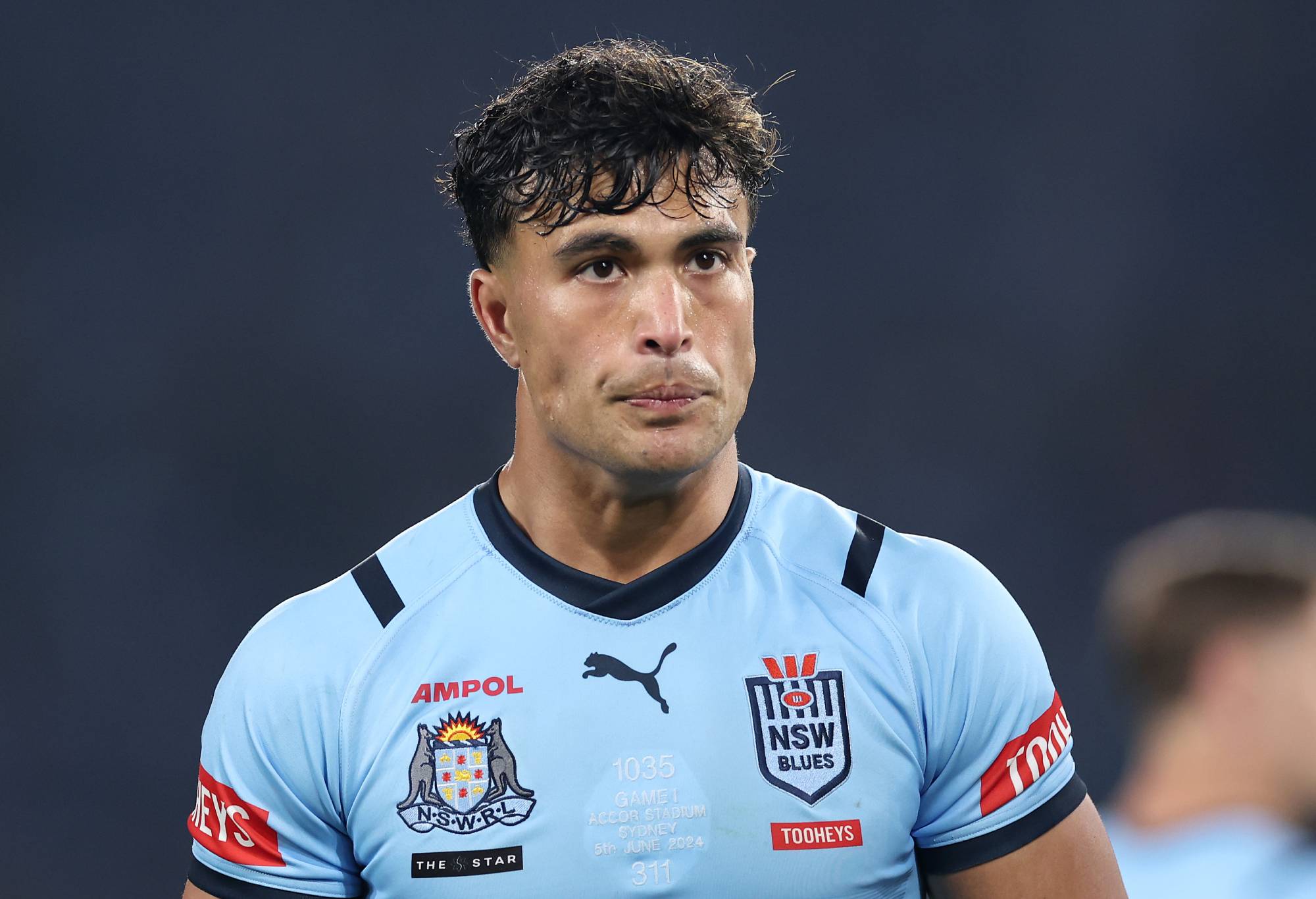 Joseph-Aukuso Sua'ali'i of the Blues is sent off by referee Ashley Klein during game one of the 2024 Men's State of Origin Series between New South Wales Blues and Queensland Maroons at Accor Stadium on June 05, 2024 in Sydney, Australia. (Photo by Cameron Spencer/Getty Images)