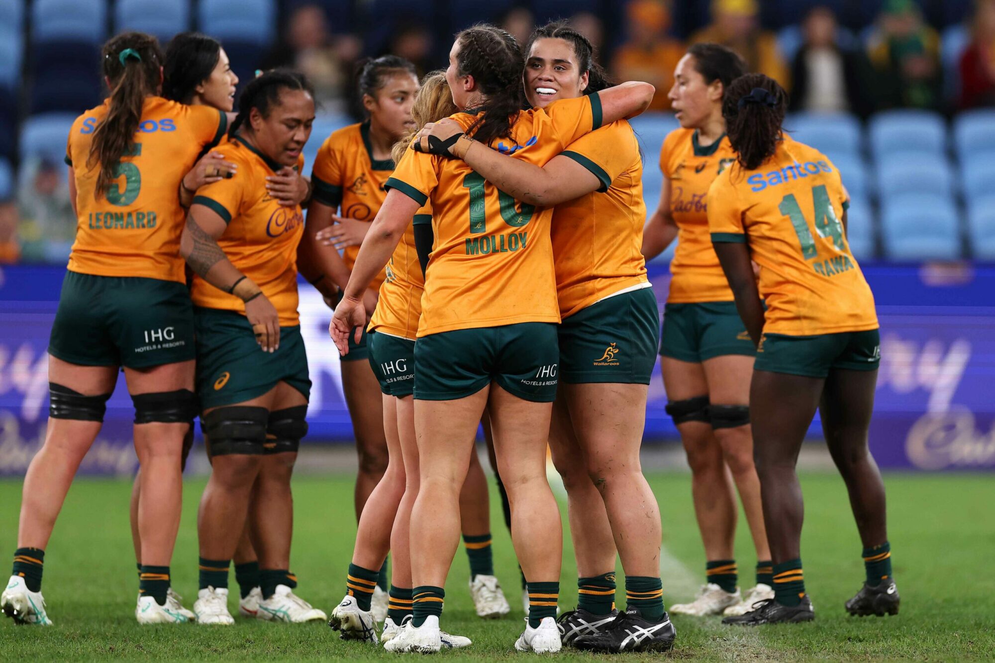 Allana Sikimeti of the Wallaroos celebrates with Tiarna Molloy after their victory during the women's International Test match between Australia Wallaroos and Fiji at Allianz Stadium on July 06, 2024 in Sydney, Australia. (Photo by Cameron Spencer/Getty Images)