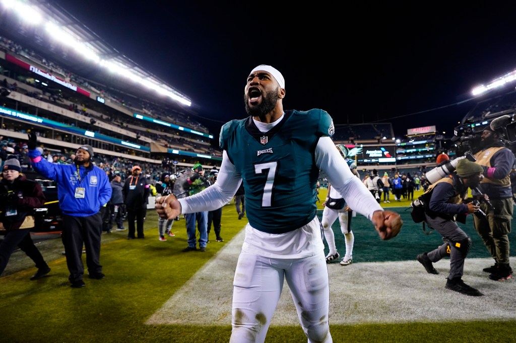 Eagles linebacker Haason Reddick reacts following an NFL divisional round playoff football game against the New York Giants