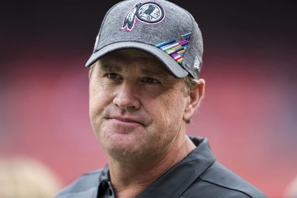 LANDOVER, MD - OCTOBER 06: Head coach Jay Gruden of the Washington Redskins looks on before the game against the New England Patriots at FedExField on October 6, 2019 in Landover, Maryland.