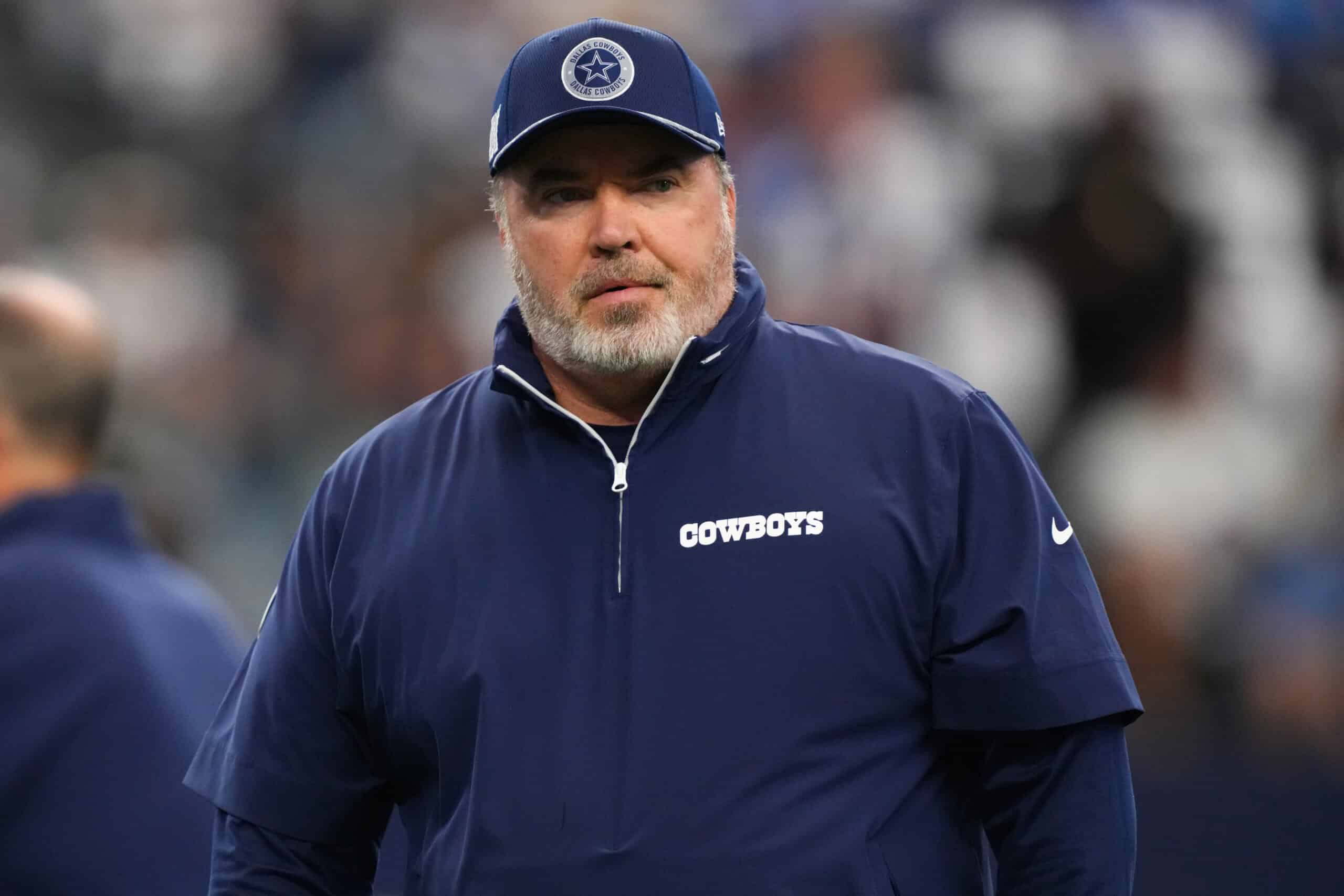 ARLINGTON, TEXAS - OCTOBER 13: Head coach Mike McCarthy of the Dallas Cowboys looks on before a game against the Detroit Lions at AT&T Stadium on October 13, 2024 in Arlington, Texas. 