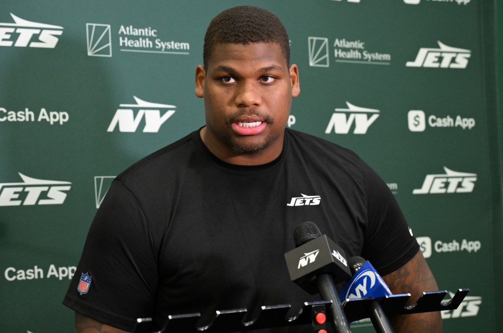 Jets defensive lineman Quinnen Williams talks with reporters on Oct. 17, 2024.