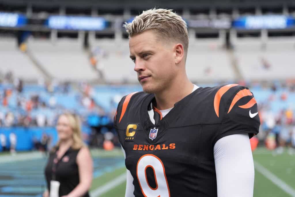 CHARLOTTE, NORTH CAROLINA - SEPTEMBER 29: Joe Burrow #9 of the Cincinnati Bengals walks off the field after beating the Carolina Panthers 34-24 at Bank of America Stadium on September 29, 2024 in Charlotte, North Carolina.