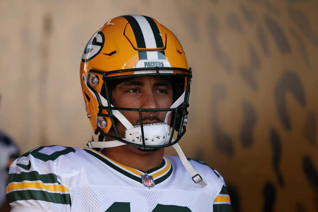 JACKSONVILLE, FLORIDA - OCTOBER 27: Jordan Love #10 of the Green Bay Packers walks onto the field prior to facing the Atlanta Falcons at EverBank Stadium on October 27, 2024 in Jacksonville, Florida. 