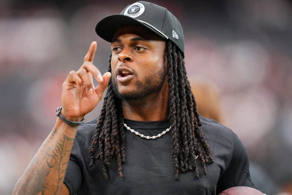 LAS VEGAS, NEVADA - SEPTEMBER 29: Davante Adams #17 of the Las Vegas Raiders looks on before the game against the Cleveland Browns at Allegiant Stadium on September 29, 2024 in Las Vegas, Nevada.