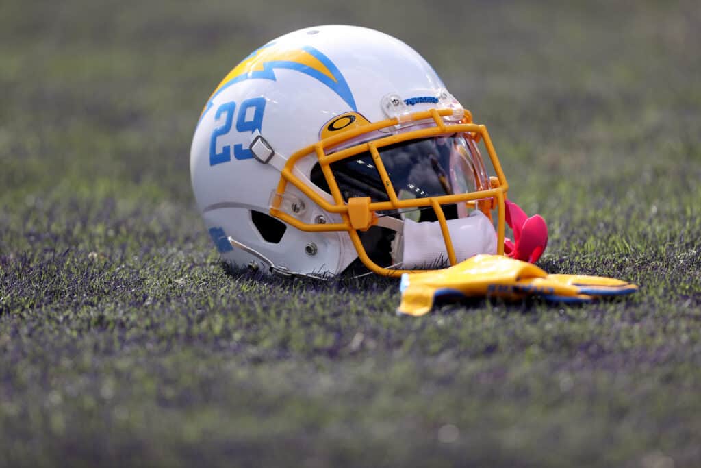 A detailed view of the helmet of Mark Webb Jr. #29 of the Los Angeles Chargers prior to the game against the Baltimore Ravens at M&T Bank Stadium on October 17, 2021 in Baltimore, Maryland.