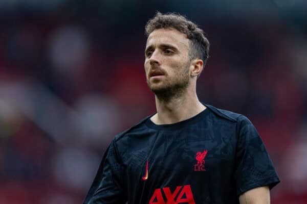 MANCHESTER, ENGLAND - Sunday, September 1, 2024: Liverpool's Diogo Jota during the pre-match warm-up before the FA Premier League match between Manchester United FC and Liverpool FC at Old Trafford. Liverpool won 3-0. (Photo by David Rawcliffe/Propaganda)