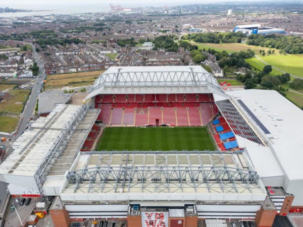 LIVERPOOL, ENGLAND - Wednesday, July 17, 2024: An aerial view of Anfield, the home stadium of Liverpool Football Club, showing the newly relaid pitch following a series of summer music concerts held at the stadium. (Photo by David Rawcliffe/Propaganda)