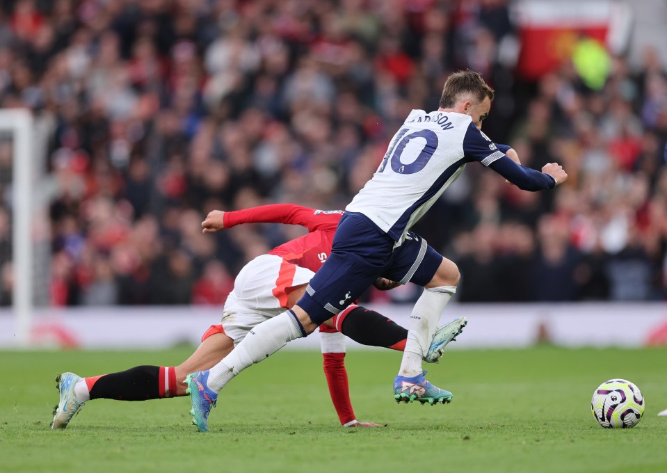 Fernandes was sent off for this foul on James Maddison in United's loss to Spurs