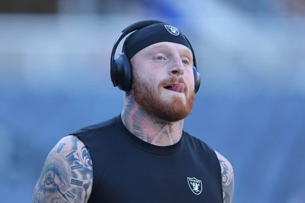 Maxx Crosby #98 of the Las Vegas Raiders looks on prior to the game against the Chicago Bears at Soldier Field on October 22, 2023 in Chicago, Illinois.