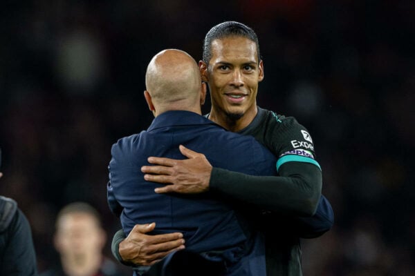 LONDON, ENGLAND - Sunday, October 27, 2024: Liverpool's captain Virgil van Dijk (R) and head coach Arne Slot after the FA Premier League match between Arsenal FC and Liverpool FC at the Emirates Stadium. (Photo by David Rawcliffe/Propaganda)