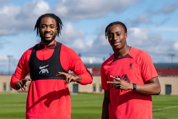 KIRKBY, ENGLAND - Saturday, April 1, 2023: Liverpool's James Balagizi (L) and Isaac Mabaya train before the Under-18 Premier League match between Liverpool FC Under-18's and Wolverhampton Wanderers FC Under-18's at the Liverpool Academy. (Pic by Jessica Hornby/Propaganda)