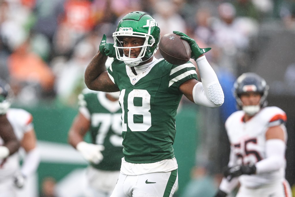 New York Jets wide receiver Mike Williams (18) celebrates a first down reception during the second half against the Denver Broncos at MetLife Stadium.