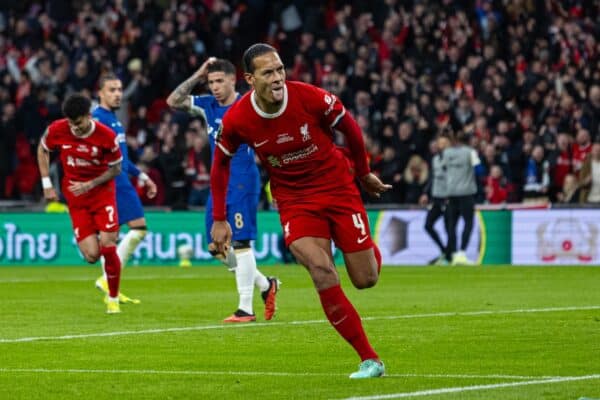 LONDON, ENGLAND - Sunday, February 25, 2024: Liverpool's captain Virgil van Dijk celebrates after scoring the first goal, but it was disallowed after a VAR review, during the Football League Cup Final match between Chelsea FC and Liverpool FC at Wembley Stadium. (Photo by David Rawcliffe/Propaganda)