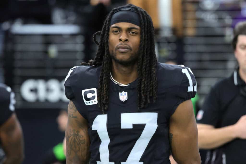 LAS VEGAS, NEVADA - DECEMBER 10: Davante Adams of the Las Vegas Raiders looks on before the game against the Minnesota Vikings at Allegiant Stadium on December 10, 2023 in Las Vegas, Nevada.