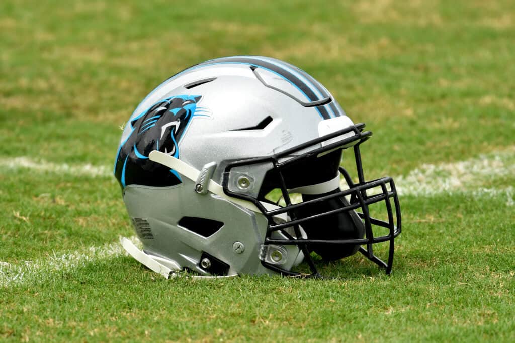 Detail photo of a Carolina Panthers helmet during a training camp session at Bank of America Stadium on August 24, 2020 in Charlotte, North Carolina.