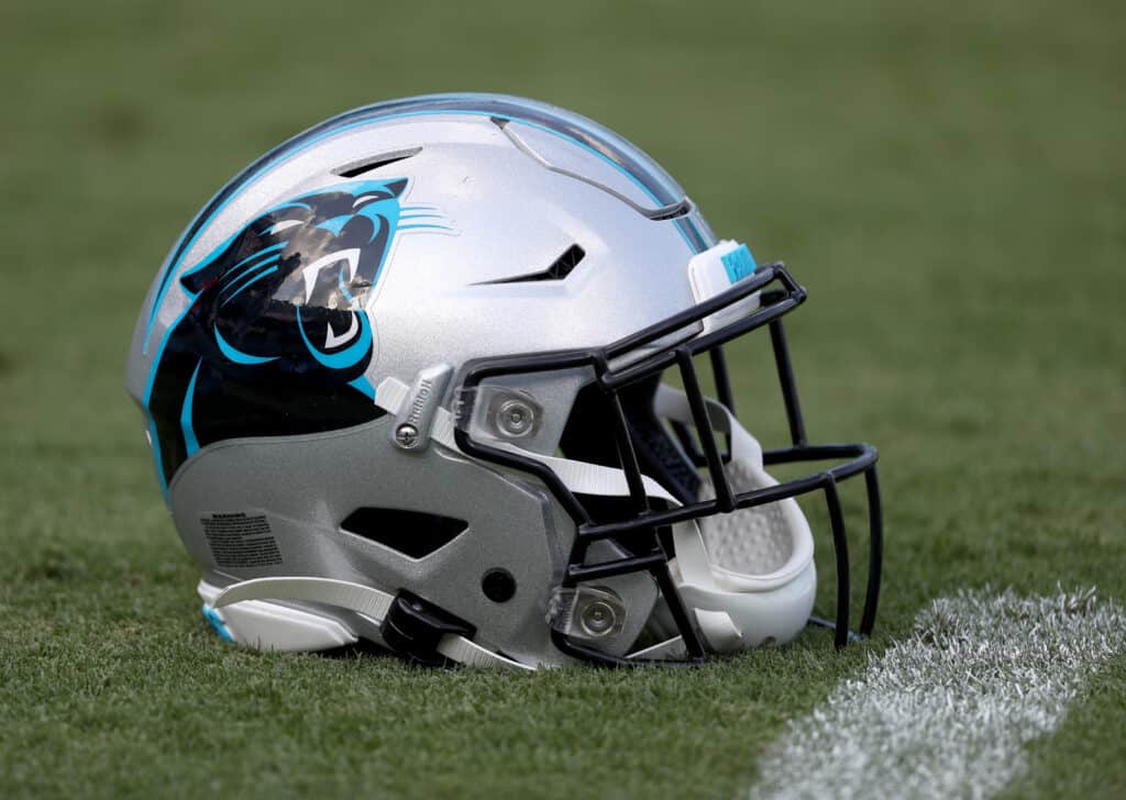 A detailed view of a Carolina Panthers helmet before their preseason game against the Buffalo Bills at Bank of America Stadium on August 16, 2019 in Charlotte, North Carolina.