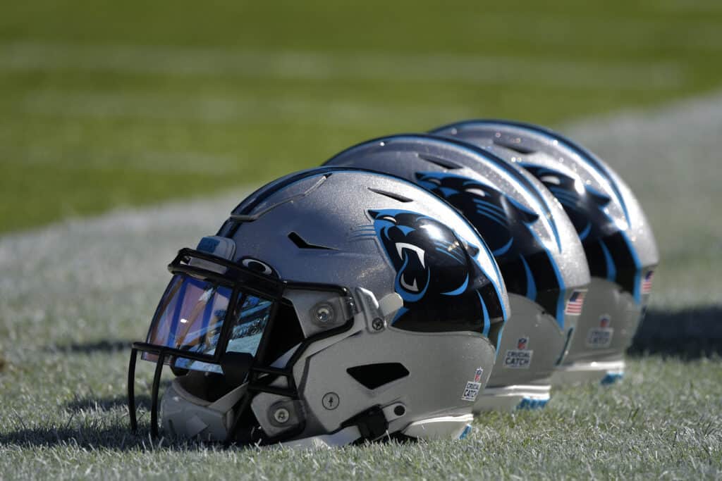 Detail photo of Carolina Panthers helmets during their game against the Tennessee Titans at Bank of America Stadium on November 03, 2019 in Charlotte, North Carolina.