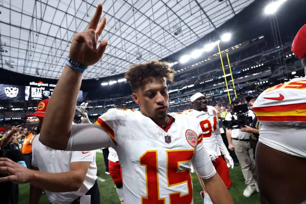 LAS VEGAS, NEVADA - OCTOBER 27: Patrick Mahomes #15 of the Kansas City Chiefs walks off the field after his team's 27-20 win against the Las Vegas Raiders at Allegiant Stadium on October 27, 2024 in Las Vegas, Nevada