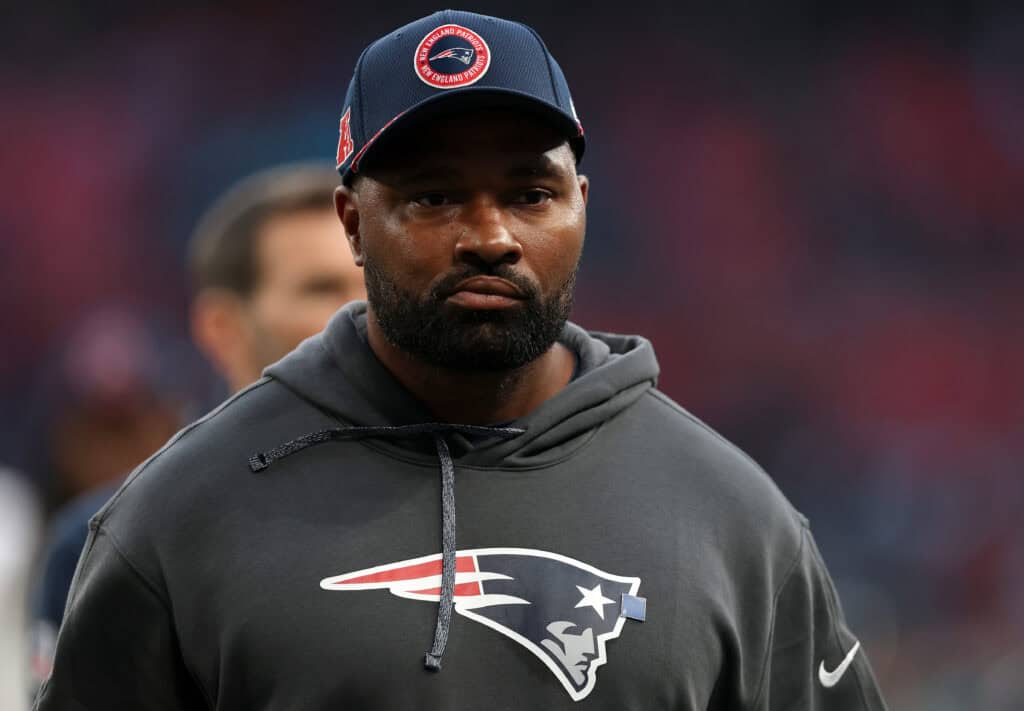 LONDON, ENGLAND - OCTOBER 20: Jerod Mayo of New England Patriots walks off the pitch after the NFL match between New England Patriots and Jacksonville Jaguars at Wembley Stadium on October 20, 2024 in London, England. 