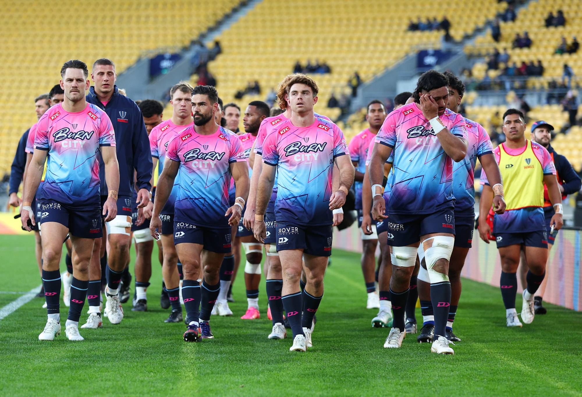 Rebels players leaves the field after warming up during the Super Rugby Pacific Quarter Final match between Hurricanes and Melbourne Rebels at Sky Stadium, on June 08, 2024, in Wellington, New Zealand. (Photo by Hagen Hopkins/Getty Images)