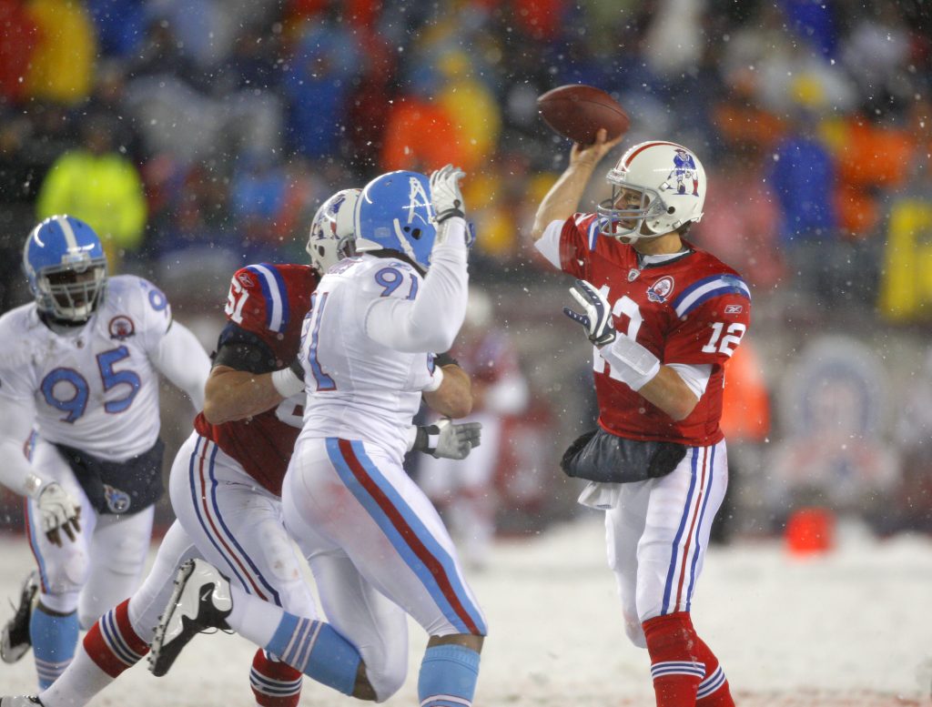 New England Patriots quarterback Tom Brady #11 in action during an NFL football game against the Tennessee Titans in Foxborough, Mass. Sunday, Oct. 18, 2009. 