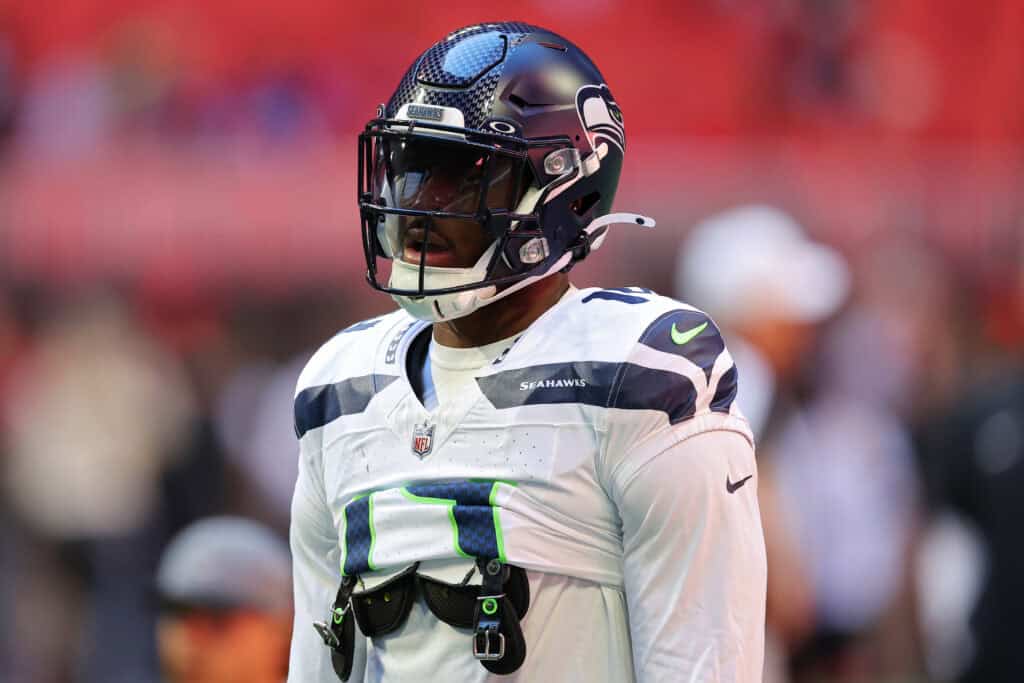 ATLANTA, GEORGIA - OCTOBER 20: DK Metcalf #14 of the Seattle Seahawks warms up prior to a game against the Atlanta Falcons at Mercedes-Benz Stadium on October 20, 2024 in Atlanta, Georgia.