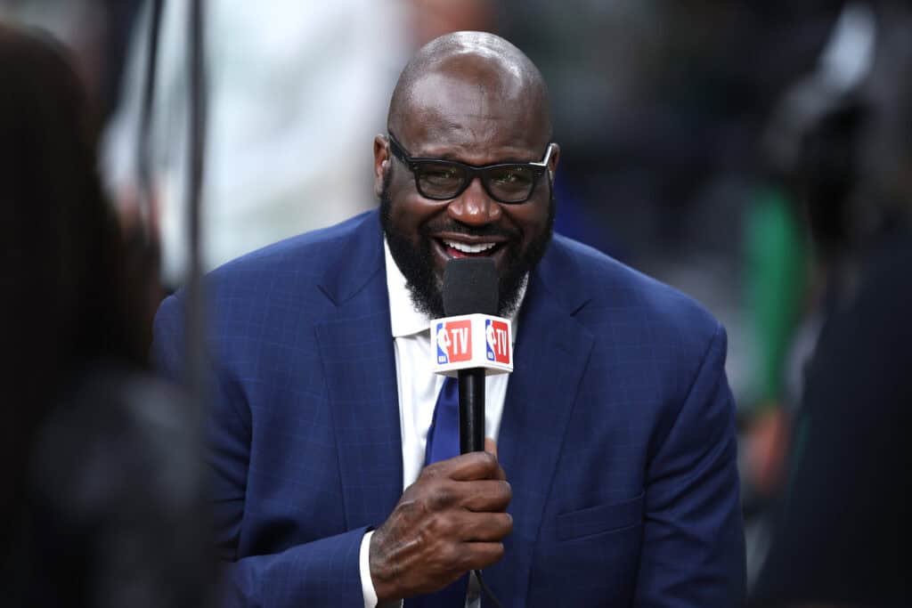 BOSTON, MASSACHUSETTS - JUNE 09: Shaquille O'Neal speaks before Game Two of the 2024 NBA Finals between the Boston Celtics and the Dallas Mavericks at TD Garden on June 09, 2024 in Boston, Massachusetts. NOTE TO USER: User expressly acknowledges and agrees that, by downloading and or using this photograph, User is consenting to the terms and conditions of the Getty Images License Agreement.