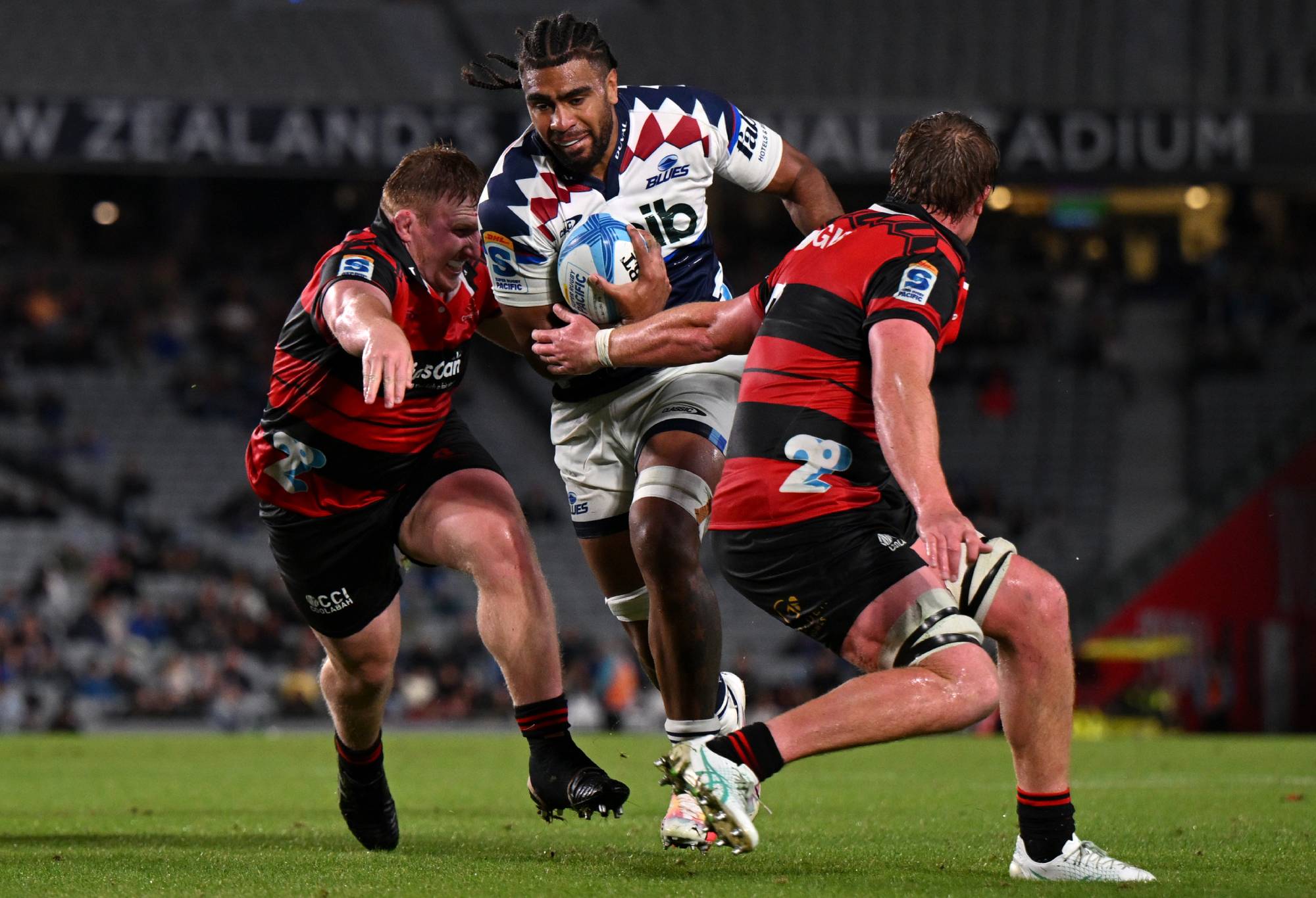 Hoskins Sotutu of the Blues charges forward during the round five Super Rugby Pacific match between Blues and Crusaders at Eden Park, on March 23, 2024, in Auckland, New Zealand. (Photo by Hannah Peters/Getty Images)