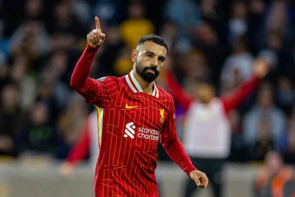 WOLVERHAMPTON, ENGLAND - Saturday, September 28, 2024: Liverpool's Mohamed Salah celebrates after scoring his side's second goal, from a penalty kick, during the FA Premier League match between Wolverhampton Wanderers FC and Liverpool FC at Molineux Stadium. (Photo by David Rawcliffe/Propaganda)