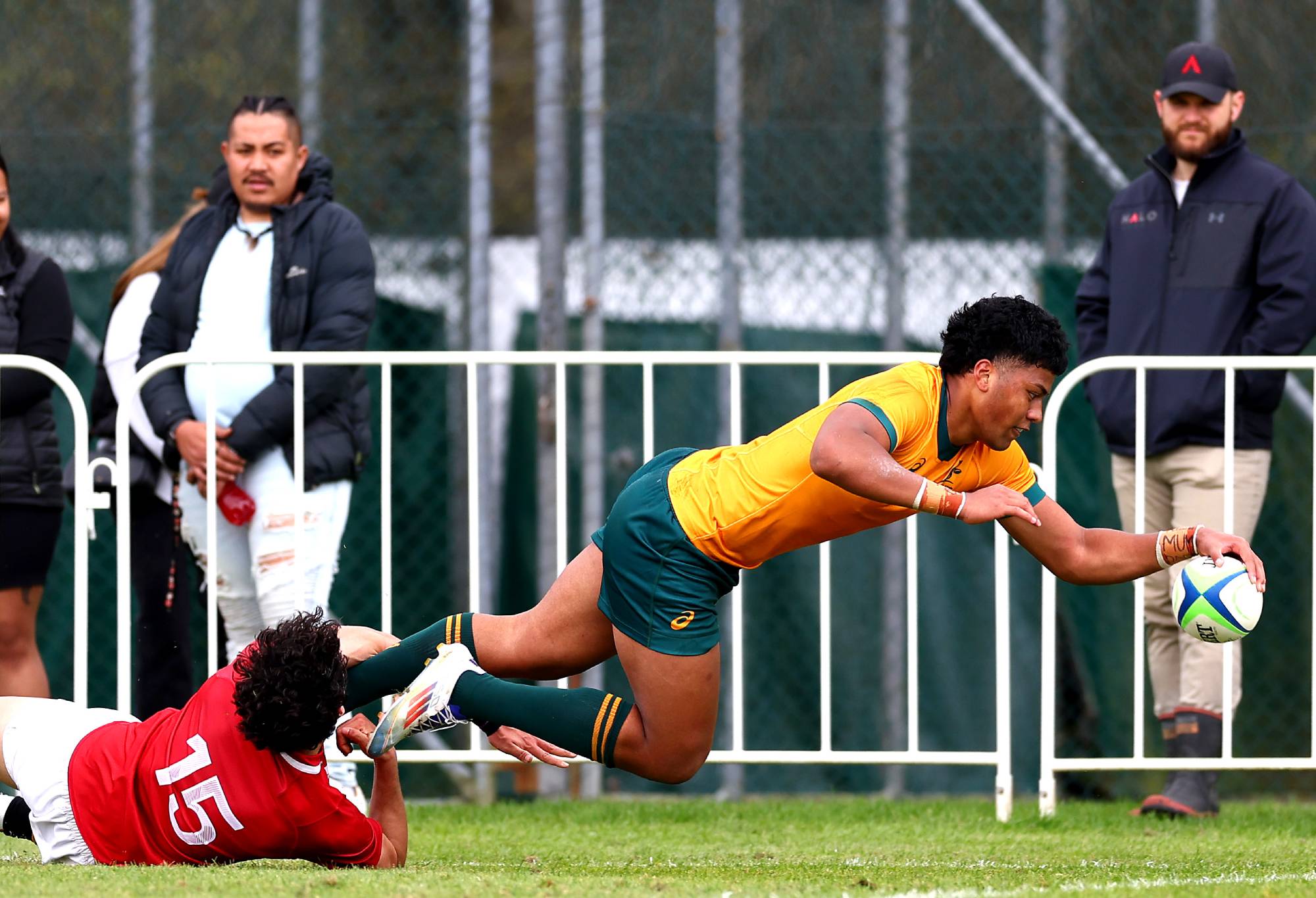 Heamasi Makasini of Australia U18 scores a try during the match between Australia U8s and New Zealand Barbarians at St Paul's Collegiate School, on October 02, 2024 in Hamilton, New Zealand. (Photo by Phil Walter/Getty Images for Rugby Australia)