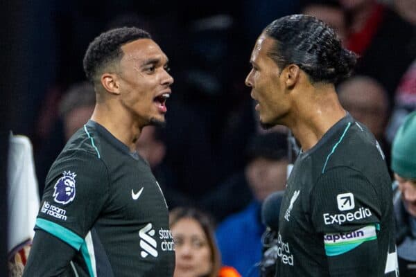 LONDON, ENGLAND - Sunday, October 27, 2024: Liverpool's captain Virgil van Dijk (R) celebrates with team-mate Trent Alexander-Arnold after scoring the first equalising goal during the FA Premier League match between Arsenal FC and Liverpool FC at the Emirates Stadium. (Photo by David Rawcliffe/Propaganda)