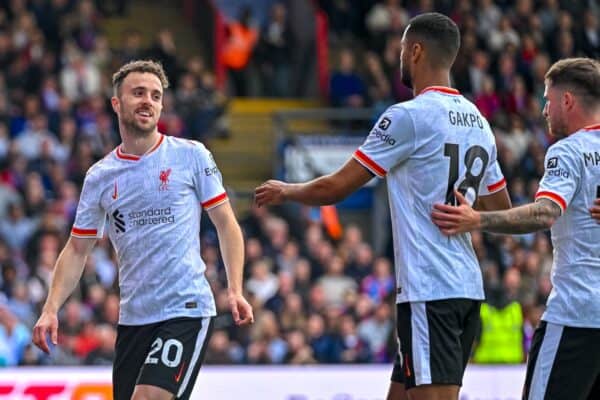 LONDON, ENGLAND - Saturday, October 5, 2024: Liverpool's Diogo Jota celebrates after scoring the first goal during the FA Premier League match between Crystal Palace FC and Liverpool FC at Selhurst Park. (Photo by David Rawcliffe/Propaganda)