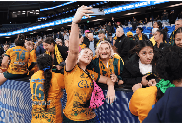 Piper Duck of the Wallaroos interacts with fans after the 2024 Pacific Four Series match between Australian Wallaroos and Canada at Allianz Stadium on May 11, 2024 in Sydney, Australia. (Photo by Matt King/Getty Images)