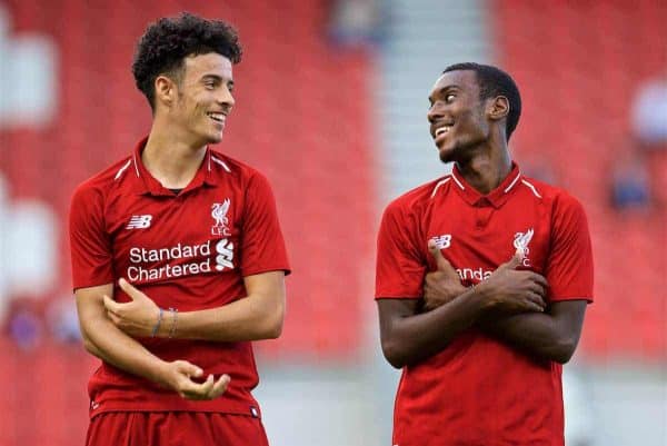 LIVERPOOL, ENGLAND - Tuesday, September 18, 2018: Liverpool's Rafael Camacho (right) celebrates scoring the fifth goal with team-mate Curtis Jones (left) during the UEFA Youth League Group C match between Liverpool FC and Paris Saint-Germain at Langtree Park. (Pic by David Rawcliffe/Propaganda)