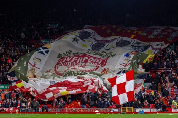 LIVERPOOL, ENGLAND - Wednesday, September 25, 2024: Liverpool supporters on the Spion Kop before the Football League Cup 3rd Round match between Liverpool FC and West Ham United FC at Anfield. Liverpool won 5-1. General. Flag. Banner. (Photo by Ryan Brown/Propaganda)