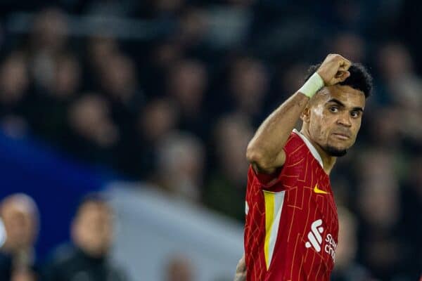 BRIGHTON & HOVE, ENGLAND - Wednesday, October 30, 2024: Liverpool's Luis Díaz celebrates after scoring the third goal during the Football League Cup 4th Round match between Brighton & Hove Albion FC and Liverpool FC at the AMEX Community Stadium. (Photo by David Rawcliffe/Propaganda)