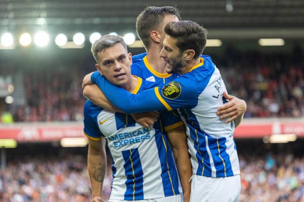 LIVERPOOL, ENGLAND - Saturday, October 1, 2022: Brighton & Hove Albion's Leandro Trossard celebrates after scoring the third goal, to level the score at 3-3 and complete his hat-trick, during the FA Premier League match between Liverpool FC and Brighton & Hove Albion FC at Anfield. (Pic by David Rawcliffe/Propaganda)