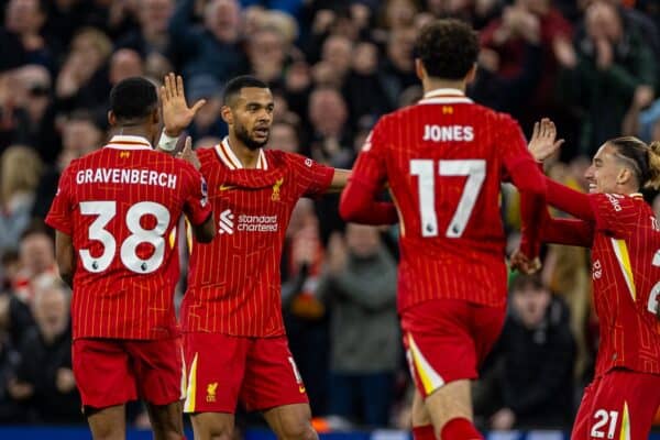 LIVERPOOL, ENGLAND - Saturday, November 2, 2024: Liverpool's Cody Gakpo celebrates after scoring the first equalising goal during the FA Premier League match between Liverpool FC and Brighton & Hove Albion FC at Anfield. (Photo by David Rawcliffe/Propaganda)