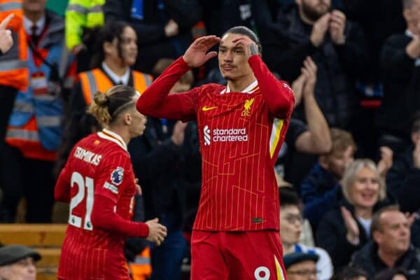 LIVERPOOL, ENGLAND - Saturday, November 2, 2024: Liverpool's Darwin Núñez reacts after missing a chance during the FA Premier League match between Liverpool FC and Brighton & Hove Albion FC at Anfield. (Photo by David Rawcliffe/Propaganda)