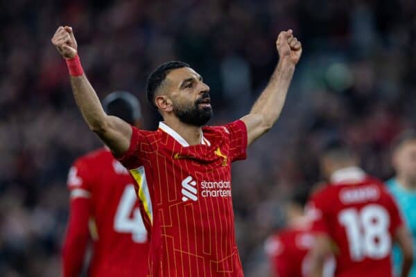 LIVERPOOL, ENGLAND - Saturday, November 2, 2024: Liverpool's Mohamed Salah celebrates after scoring the second goal during the FA Premier League match between Liverpool FC and Brighton & Hove Albion FC at Anfield. (Photo by David Rawcliffe/Propaganda)