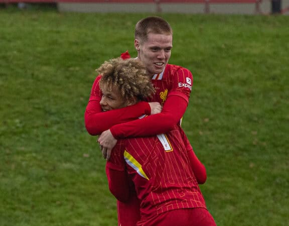 KIRKBY, ENGLAND - Tuesday, November 5, 2024: Liverpool's Carter Pinnington (R) celebrates with team-mate Trent Kone-Doherty after scoring the second goal during the UEFA Youth League game between Liverpool FC Under-19's and Bayer Leverkusen Under-19's at the Liverpool Academy. (Photo by David Rawcliffe/Propaganda)