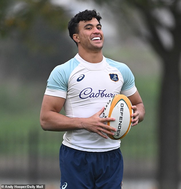 The 21-year-old (pictured training with the Wallabies in England this week) will be named in the starting side at outside centre