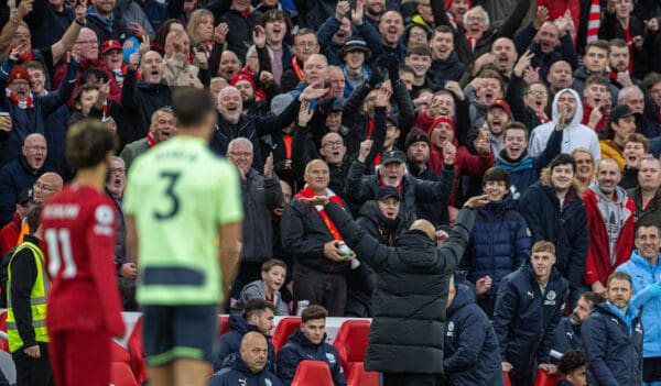 LIVERPOOL, ENGLAND - Sunday, October 16, 2022: Manchester City's manager Josep 'Pep' Guardiola reacts to Liverpool supporters during the FA Premier League match between Liverpool FC and Manchester City FC at Anfield. (Pic by David Rawcliffe/Propaganda)