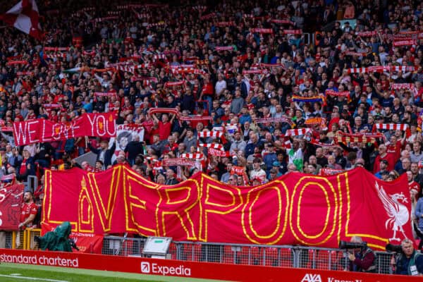 LIVERPOOL, ENGLAND - Saturday, September 21, 2024: Liverpool supporters on the Spion Kop before the FA Premier League match between Liverpool FC and AFC Bournemouth at Anfield. Liverpool won 3-0. (Photo by David Rawcliffe/Propaganda)